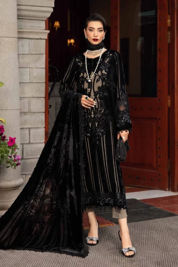 Shop Maria B Winter Luxe 24′ | DL-1205, black velvet suit designet for winter collection, Zee Collections