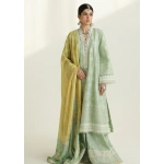 zara shajahan. 3 piece unstiched suit, green, mahi 1b. front view