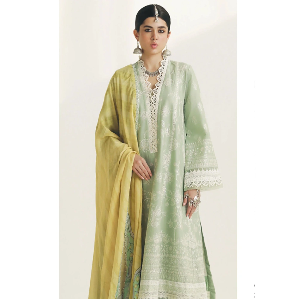 zara shajahan. 3 piece unstiched suit, green, mahi 1b. front