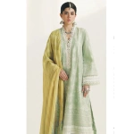 zara shajahan. 3 piece unstiched suit, green, mahi 1b. front