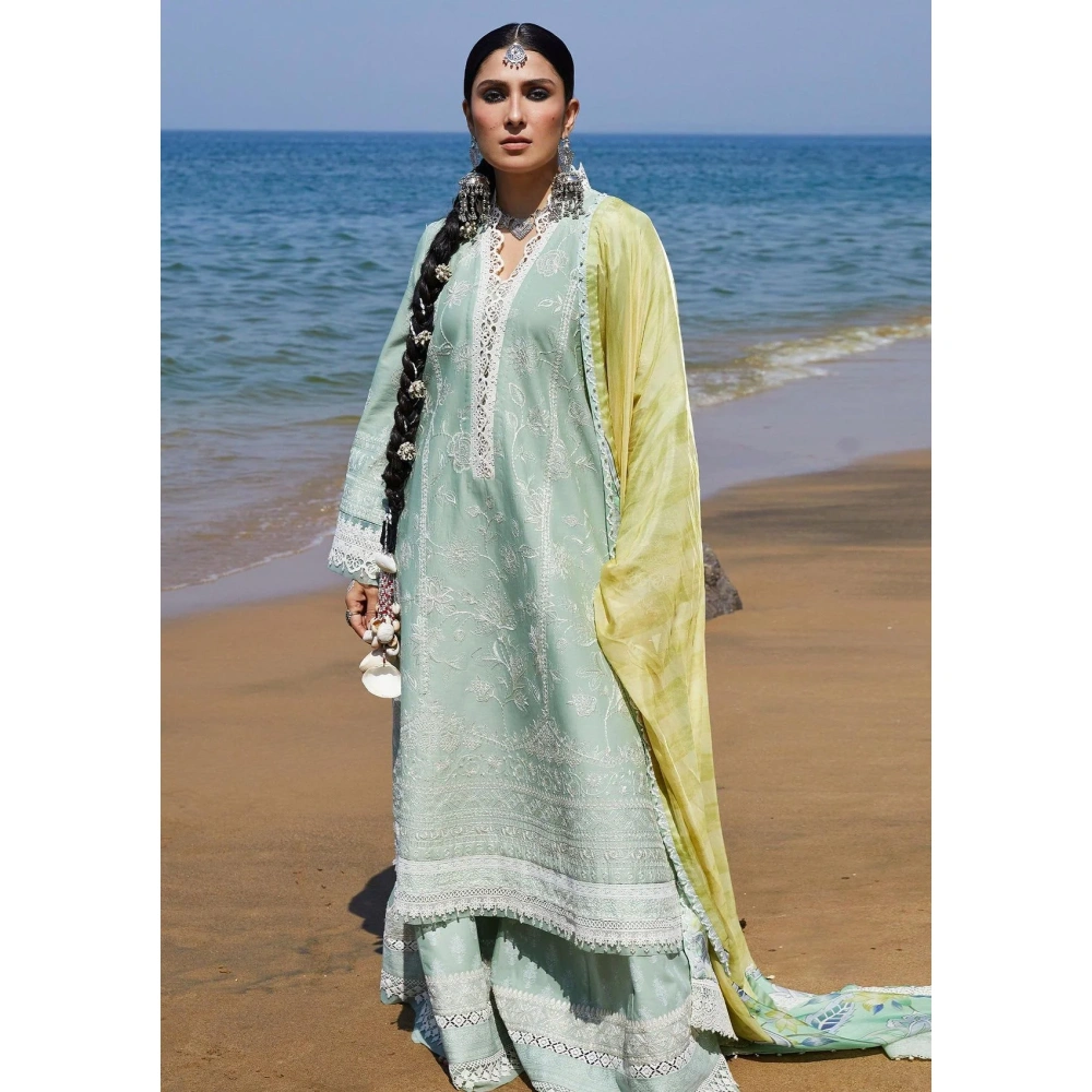 zara shajahan. 3 piece unstiched suit, green, mahi 1b.