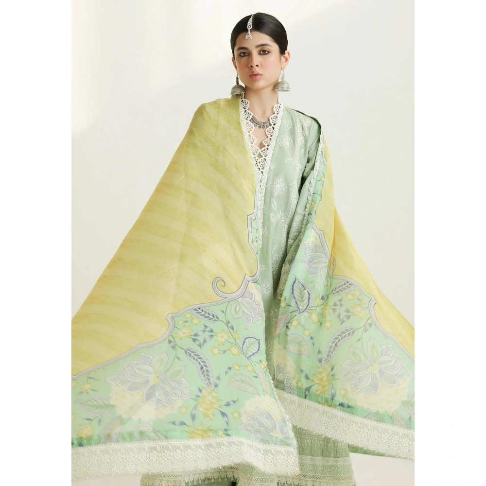 zara shajahan. 3 piece unstiched suit, green, mahi 1b. dupatta closeup