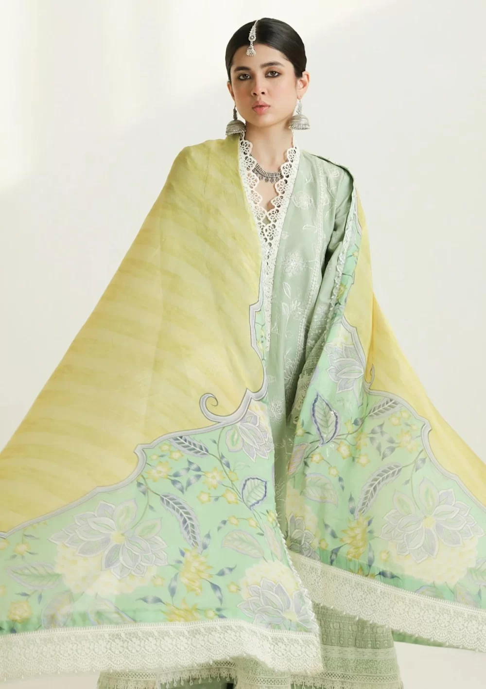 zara shajahan. 3 piece unstiched suit, green, mahi 1b. dupatta closeup