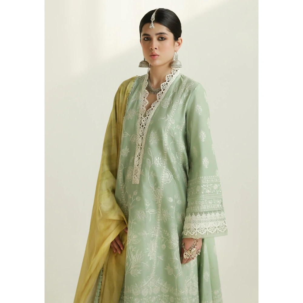 zara shajahan. 3 piece unstiched suit, green, mahi 1b. side view