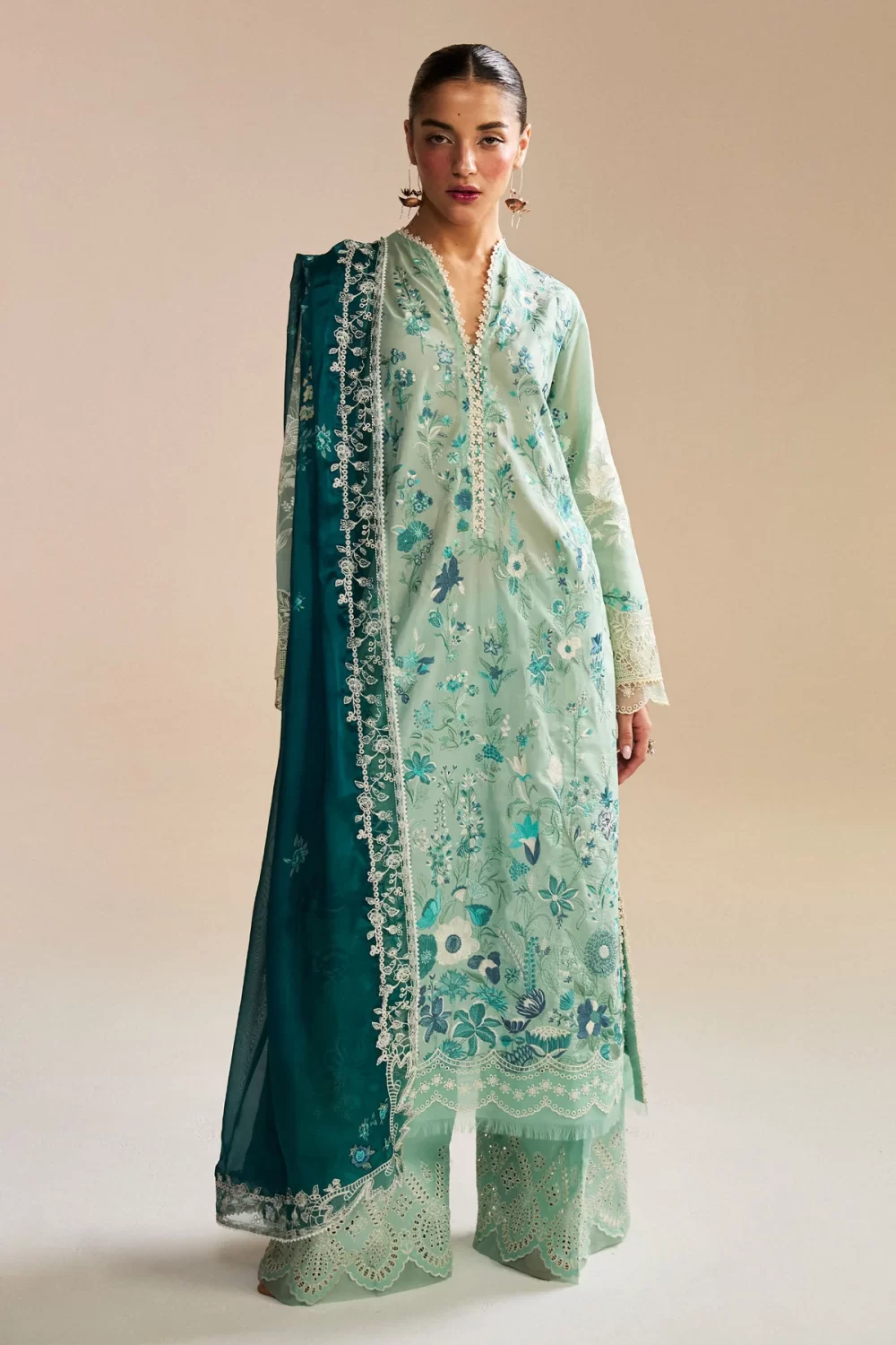 Zara shahjahan , satori lawn 25’ , 3 PIECE SUIT , unstitched, lawn , AQUA & DEEP TEAL color , nozami-2b, front