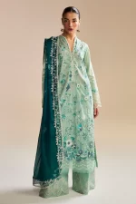 Zara shahjahan , satori lawn 25’ , 3 PIECE SUIT , unstitched, lawn , AQUA & DEEP TEAL color , nozami-2b, front