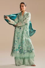 Zara shahjahan , satori lawn 25’ , 3 PIECE SUIT , unstitched, lawn , AQUA & DEEP TEAL color , nozami-2b, front look