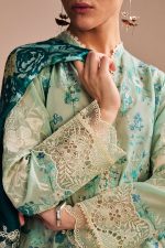 Zara shahjahan , satori lawn 25’ , 3 PIECE SUIT , unstitched, lawn , AQUA & DEEP TEAL color , nozami-2b, sleeves
