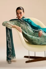 Zara shahjahan , satori lawn 25’ , 3 PIECE SUIT , unstitched, lawn , AQUA & DEEP TEAL color , nozami-2b, front style