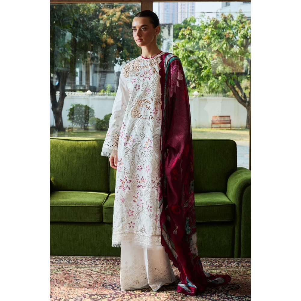 Zara shahjahan , satori lawn 25’ , 3 PIECE SUIT , unstitched, lawn , WHITE & DEEP RED color , umi-3a, front