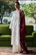 Zara shahjahan , satori lawn 25’ , 3 PIECE SUIT , unstitched, lawn , WHITE & DEEP RED color , umi-3a, front