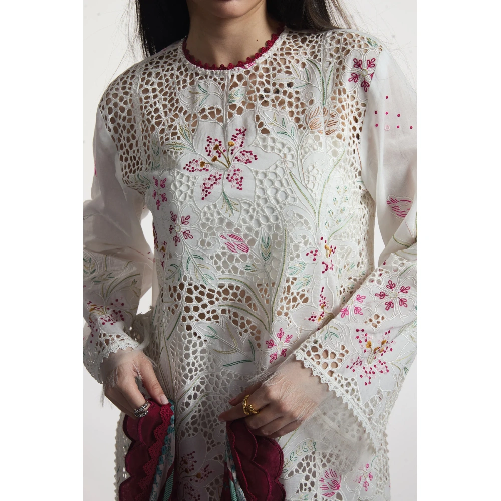 Zara shahjahan , satori lawn 25’ , 3 PIECE SUIT , unstitched, lawn , WHITE & DEEP RED color , umi-3a, front, kameez