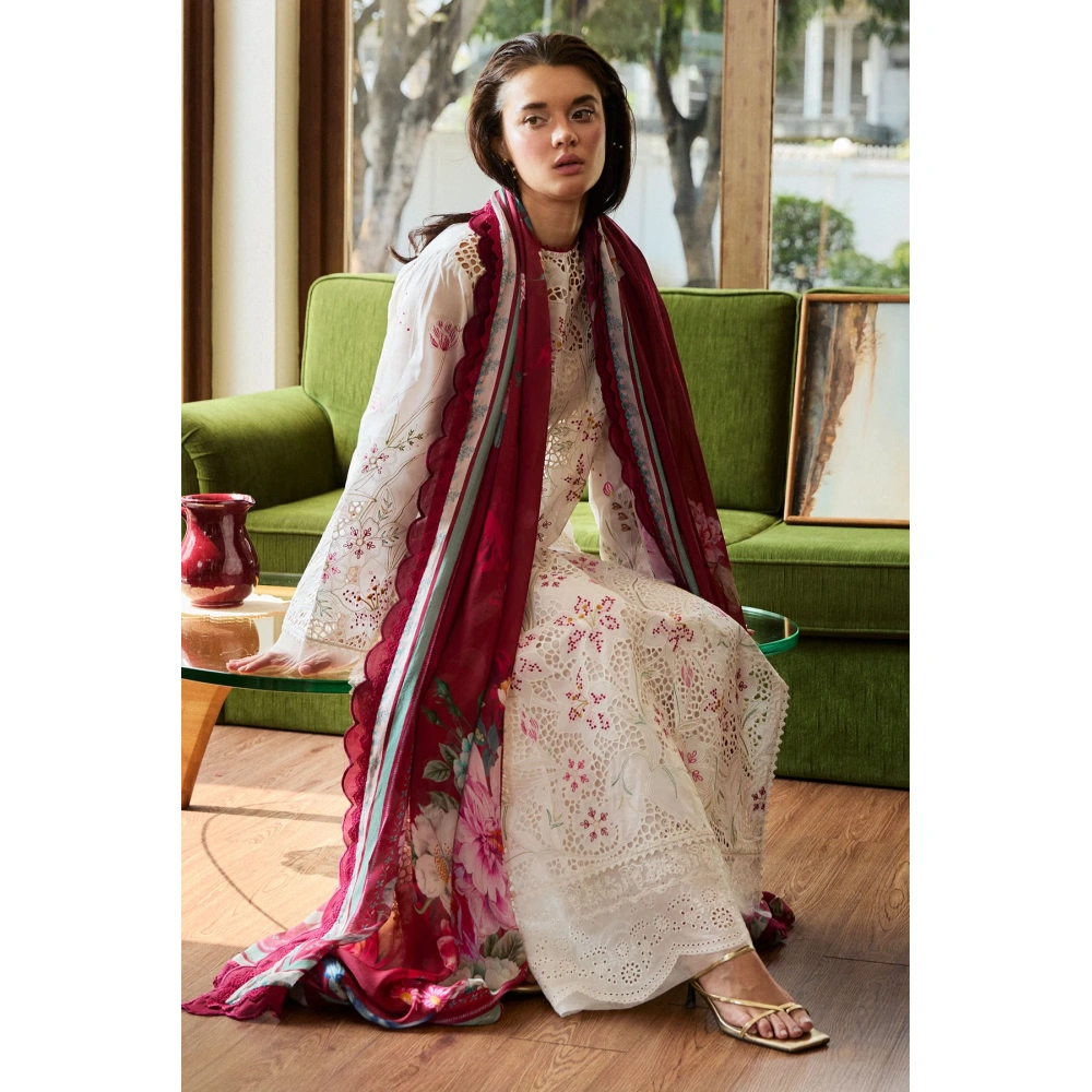 Zara shahjahan , satori lawn 25’ , 3 PIECE SUIT , unstitched, lawn , WHITE & DEEP RED color , umi-3a, front, kameez & dupatta
