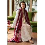 Zara shahjahan , satori lawn 25’ , 3 PIECE SUIT , unstitched, lawn , WHITE & DEEP RED color , umi-3a, front, kameez & dupatta