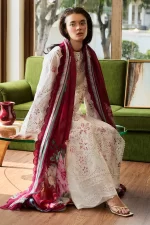 Zara shahjahan , satori lawn 25’ , 3 PIECE SUIT , unstitched, lawn , WHITE & DEEP RED color , umi-3a, front, kameez & dupatta
