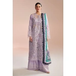 Zara shahjahan , satori lawn 25’ , 3 PIECE SUIT , unstitched, lawn , SOFT LAVENDER & NAVY, purple color , umi-3b, front