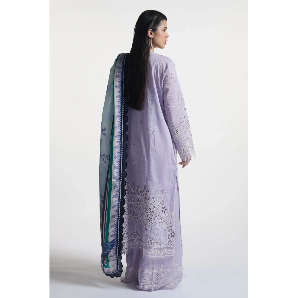 Zara shahjahan , satori lawn 25’ , 3 PIECE SUIT , unstitched, lawn , SOFT LAVENDER & NAVY, purple color , umi-3b, back