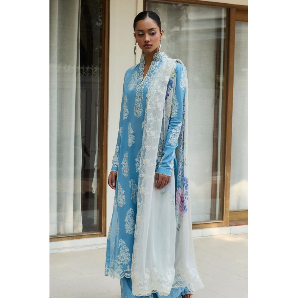 Zara shahjahan , satori lawn 25’ , 3 PIECE SUIT , unstitched, lawn , CELESTIAL BLUE color , RAI-6b, front kameez & dupatta