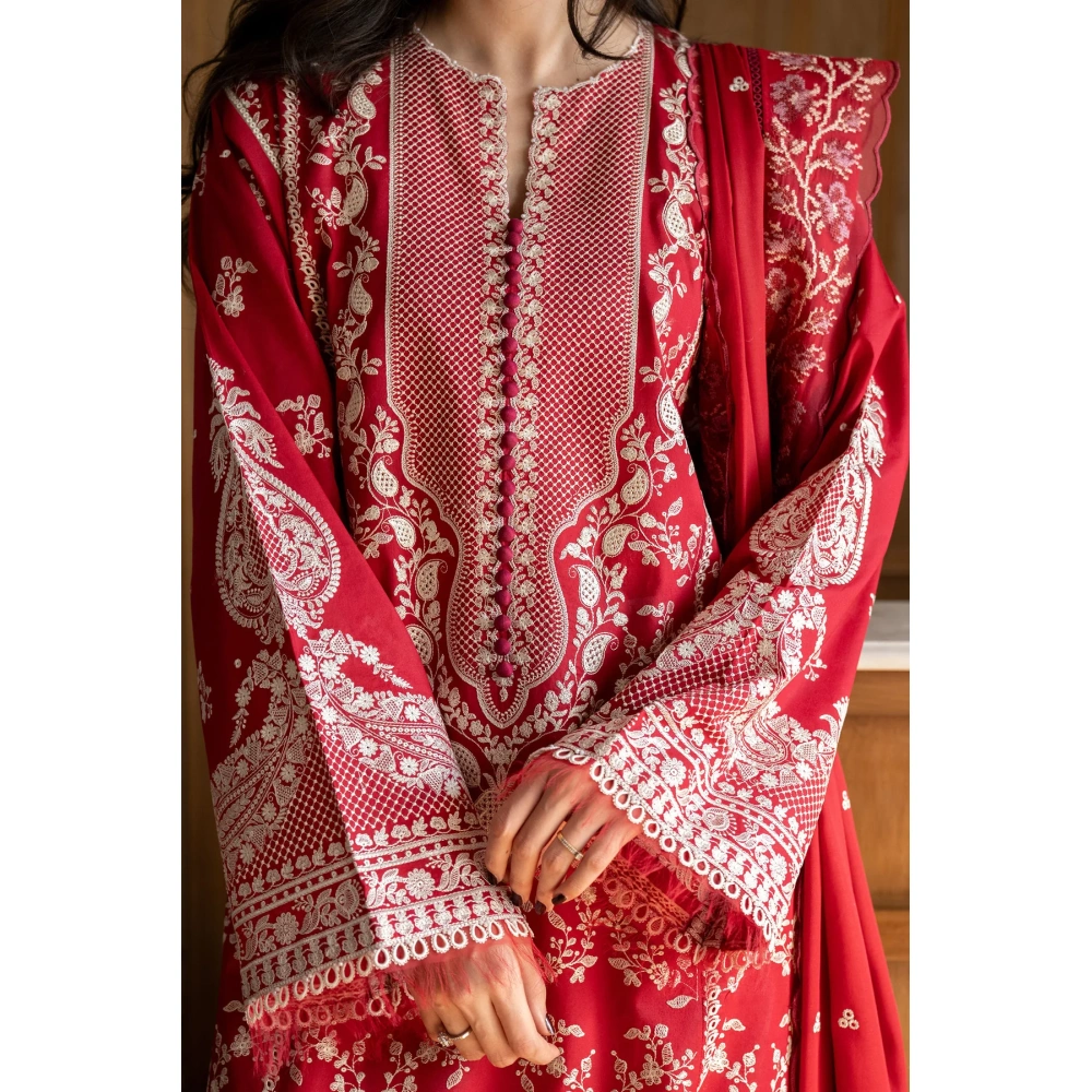 Zara shahjahan , satori lawn 25’ , 3 PIECE SUIT , unstitched, lawn , CRIMSON RED color , mei-8a, front kameez sleeves