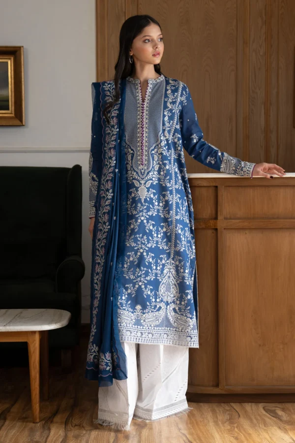 Zara shahjahan , satori lawn 25’ , 3 PIECE SUIT , unstitched, lawn , sapphire blue color , mei-8b, front, salwar kameez