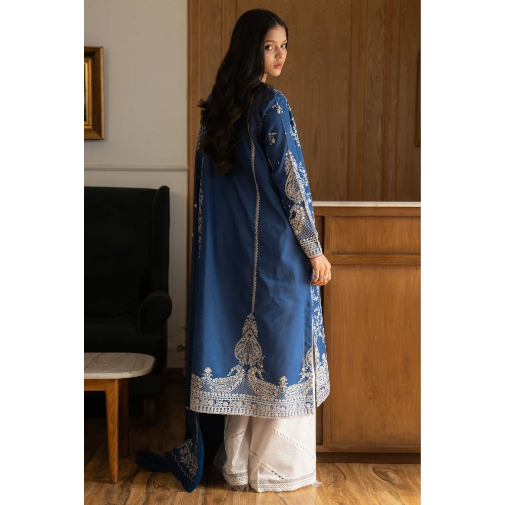 Zara shahjahan , satori lawn 25’ , 3 PIECE SUIT , unstitched, lawn , sapphire blue color , mei-8b, back