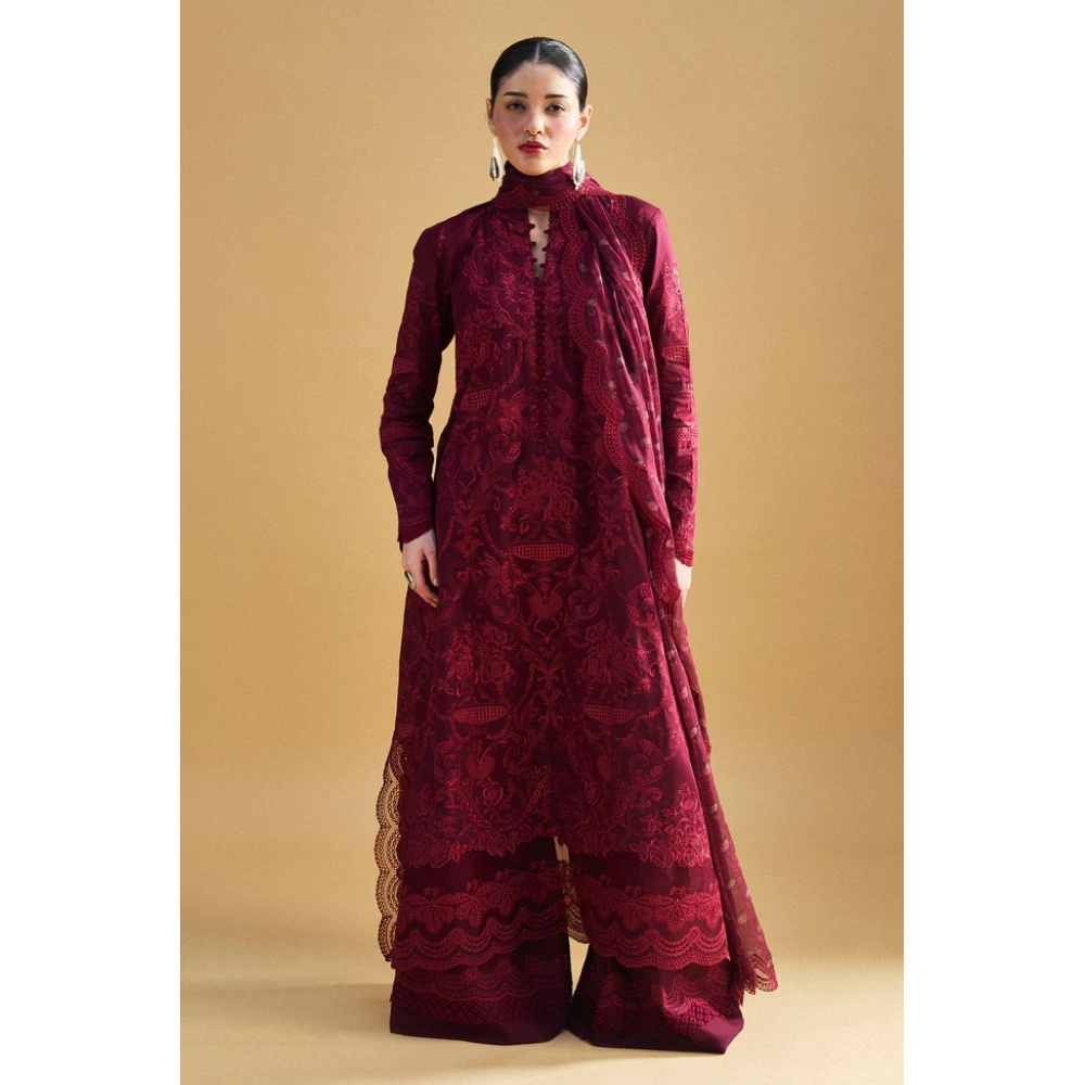 Zara shahjahan , satori lawn 25’ , 3 PIECE SUIT , unstitched, lawn , deep crimson color , sei-9a, front, salwar kameez
