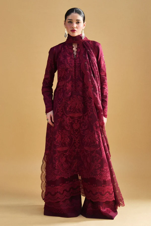 Zara shahjahan , satori lawn 25’ , 3 PIECE SUIT , unstitched, lawn , deep crimson color , sei-9a, front, salwar kameez