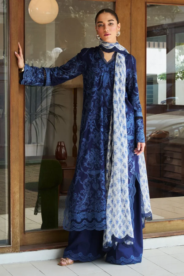 Zara shahjahan , satori lawn 25’ , 3 PIECE SUIT , unstitched, lawn , midnight blue color , sei-9b, front salwar kameez and dupatta
