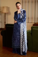 Zara shahjahan , satori lawn 25’ , 3 PIECE SUIT , unstitched, lawn , midnight blue color , sei-9b, front
