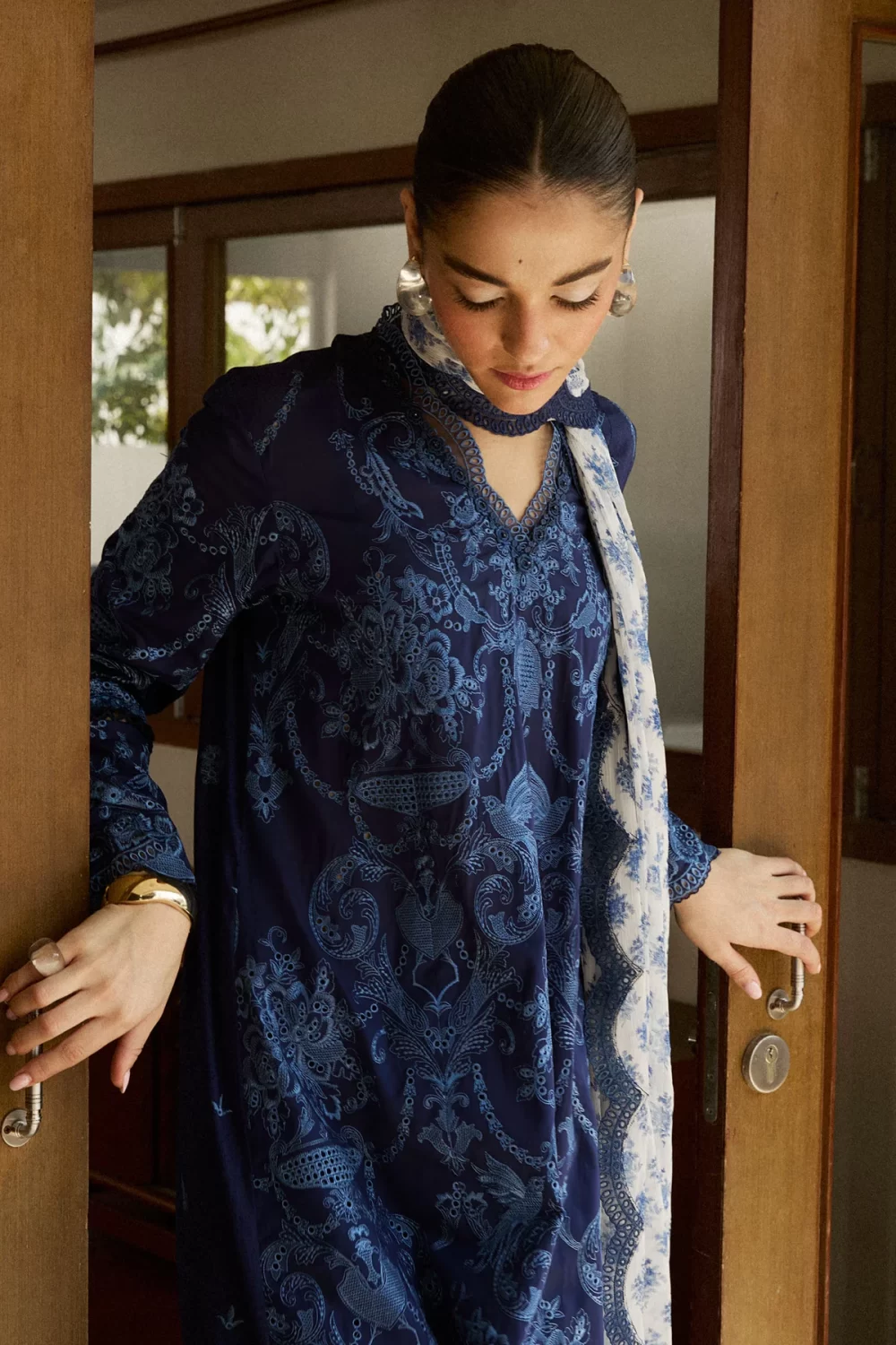 Zara shahjahan , satori lawn 25’ , 3 PIECE SUIT , unstitched, lawn , midnight blue color , sei-9b, front, kameez
