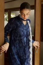 Zara shahjahan , satori lawn 25’ , 3 PIECE SUIT , unstitched, lawn , midnight blue color , sei-9b, front, kameez