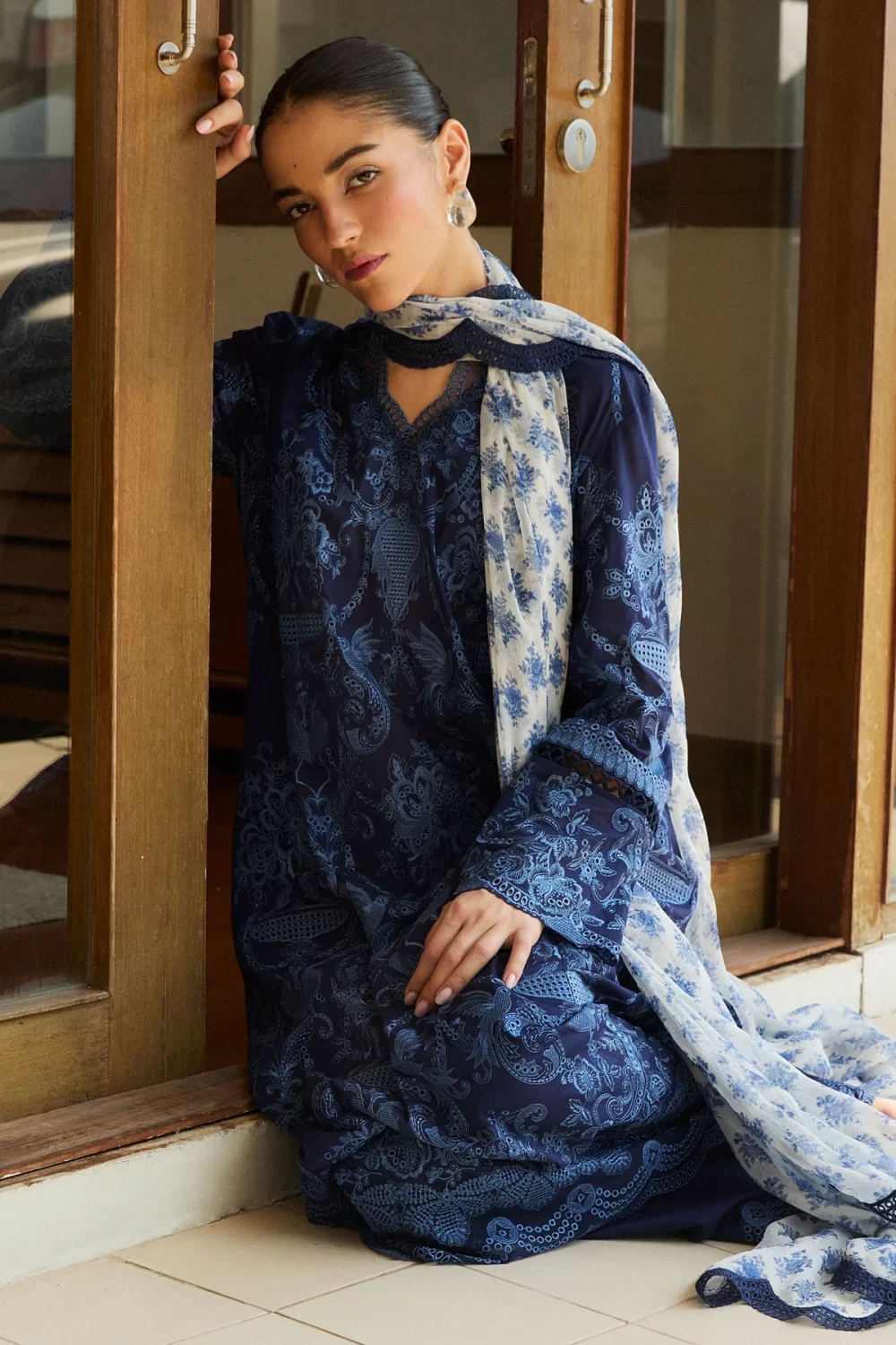 Zara shahjahan , satori lawn 25’ , 3 PIECE SUIT , unstitched, lawn , midnight blue color , sei-9b, front, kameez and dupatta