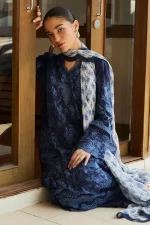Zara shahjahan , satori lawn 25’ , 3 PIECE SUIT , unstitched, lawn , midnight blue color , sei-9b, front, kameez and dupatta