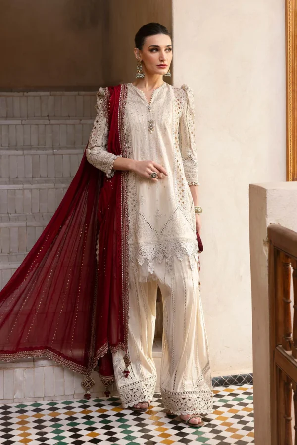 Maria b, luxe lawn 25’ , 3 PIECE SUIT , unstitched, lawn , beige color , D-2511-b, FRONT