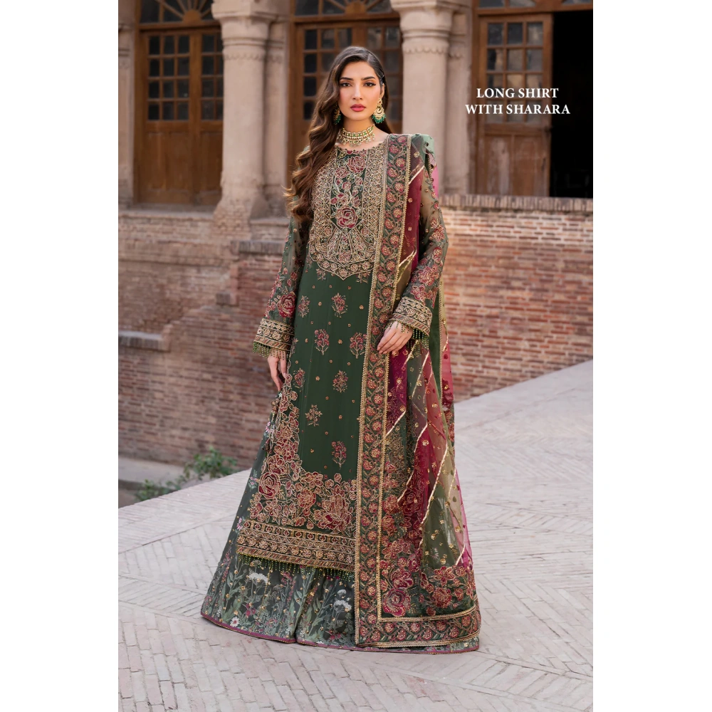 Iznik, luxury chiffon, 25’ , 3 PIECE SUIT , unstitched, chiffon , GREEN , ILC-01, FRONT, LONG SHIRT