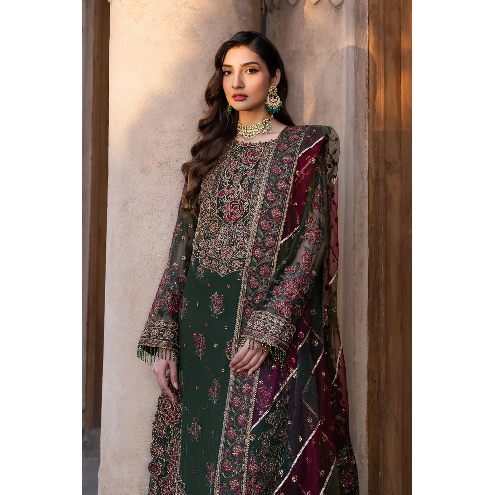Iznik, luxury chiffon, 25’ , 3 PIECE SUIT , unstitched, chiffon , GREEN , ILC-01, FRONT LOOK