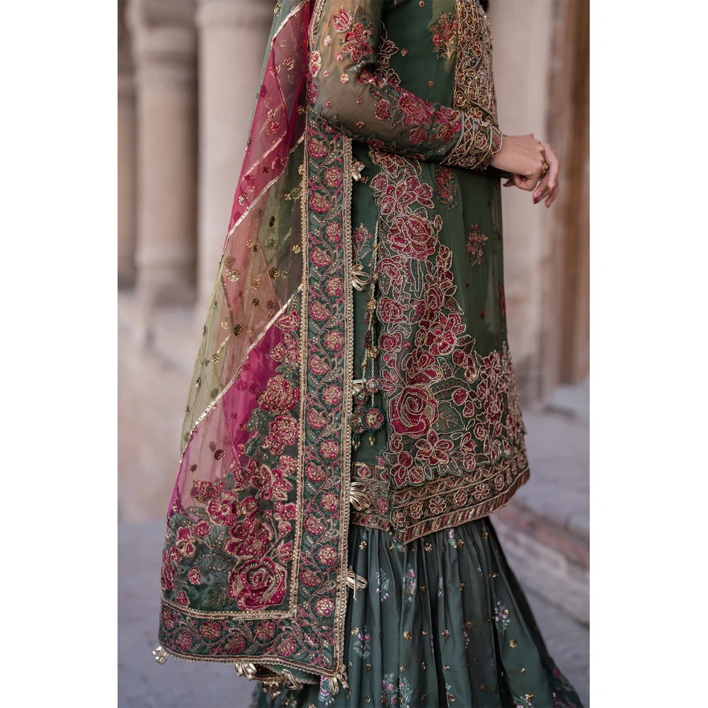 Iznik, luxury chiffon, 25’ , 3 PIECE SUIT , unstitched, chiffon , GREEN , ILC-01, DUPATTA BORDER