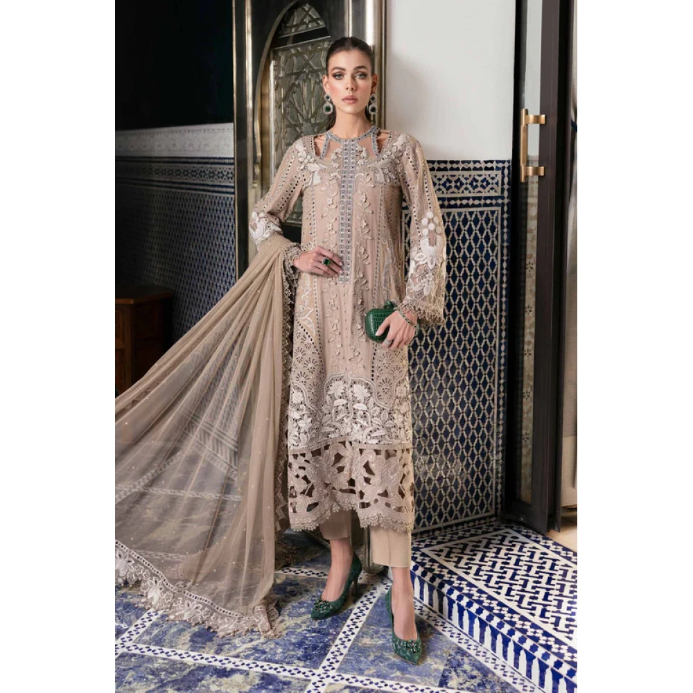 Maria b, luxe lawn 25’ , 3 PIECE SUIT , unstitched, lawn , coffee color , D-2502-a, FRONT