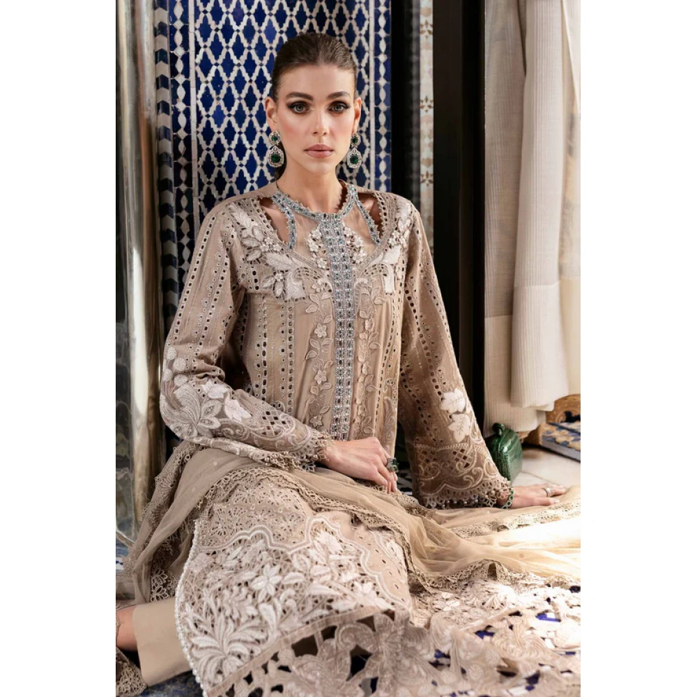 Maria b, luxe lawn 25’ , 3 PIECE SUIT , unstitched, lawn , coffee color , D-2502-a, FRONT neck