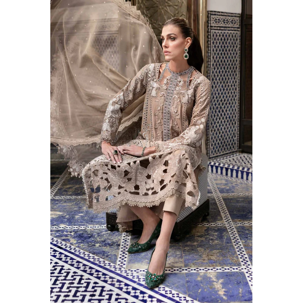 Maria b, luxe lawn 25’ , 3 PIECE SUIT , unstitched, lawn , coffee color , D-2502-a, shirt look