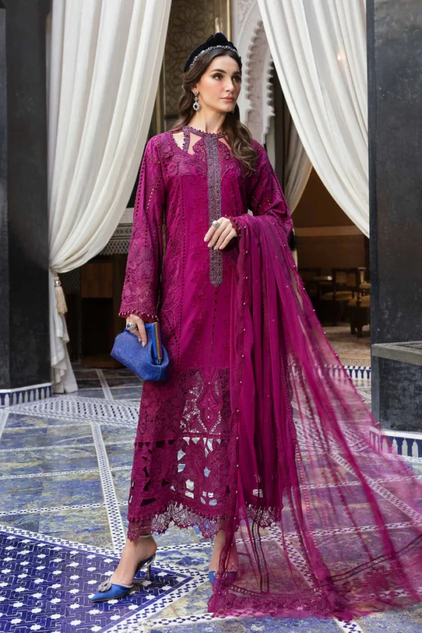 Maria b, luxe lawn 25’ , 3 PIECE SUIT , unstitched, lawn , magenta color , D-2502-b, FRONT