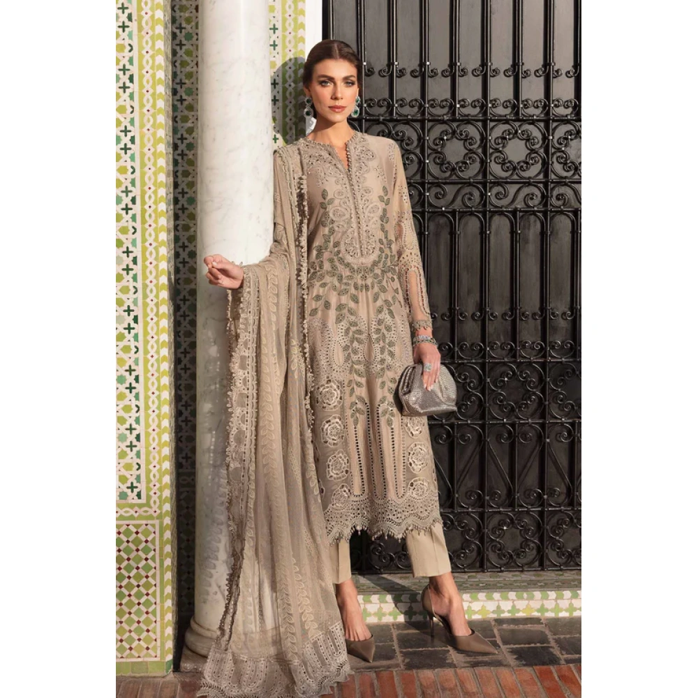 Maria b, luxe lawn 25’ , 3 PIECE SUIT , unstitched, lawn , coffee color , D-2503-a, FRONT