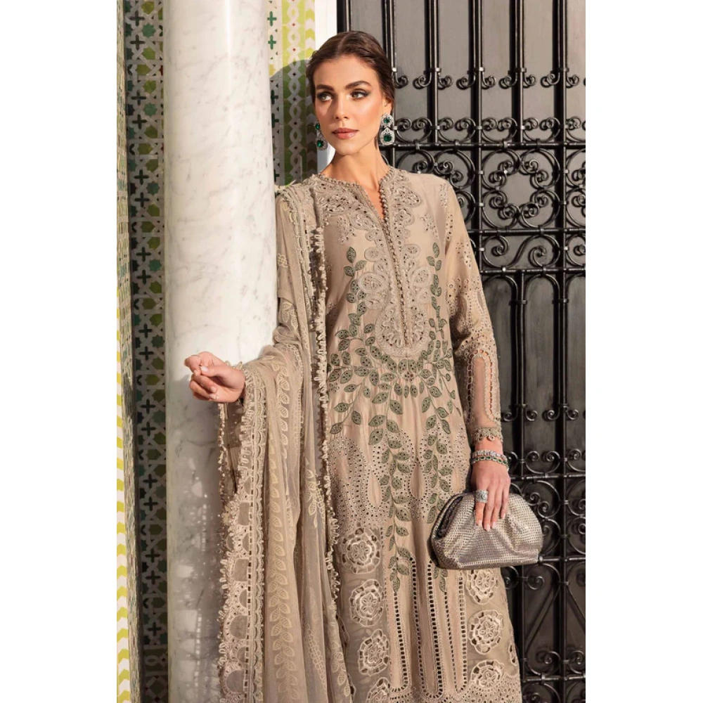 Maria b, luxe lawn 25’ , 3 PIECE SUIT , unstitched, lawn , coffee color , D-2503-a, FRONT, neck