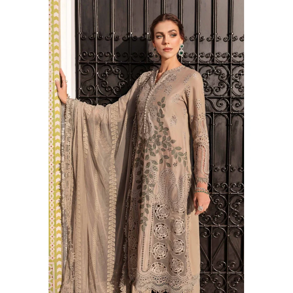 Maria b, luxe lawn 25’ , 3 PIECE SUIT , unstitched, lawn , coffee color , D-2503-a, FRONT, neck & dupatta