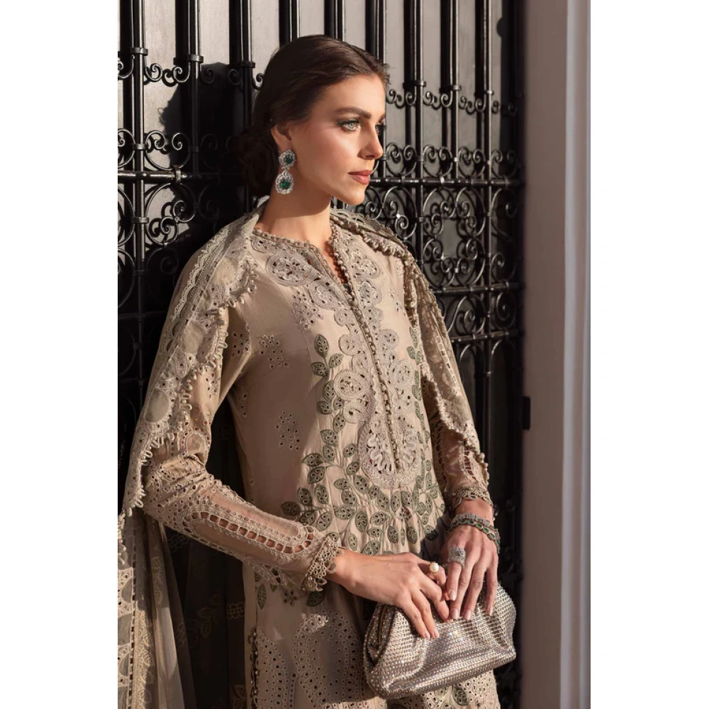 Maria b, luxe lawn 25’ , 3 PIECE SUIT , unstitched, lawn , coffee color , D-2503-a, FRONT shirt