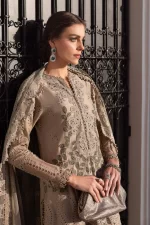 Maria b, luxe lawn 25’ , 3 PIECE SUIT , unstitched, lawn , coffee color , D-2503-a, FRONT shirt