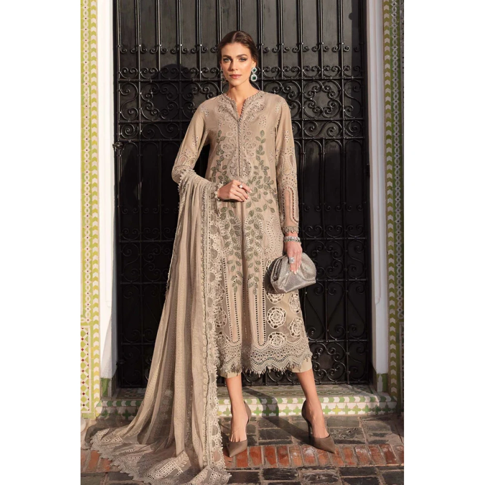 Maria b, luxe lawn 25’ , 3 PIECE SUIT , unstitched, lawn , coffee color , D-2503-a, FRONT style