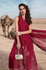 Maria b, luxury chiffon, 2025 collection , 3 PIECE SUIT , unstitched, lawn , red , d-2504-a, FRONT close look