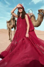 Maria b, luxury chiffon, 2025 collection , 3 PIECE SUIT , unstitched, lawn , red , d-2504-a, FRONT, shirt