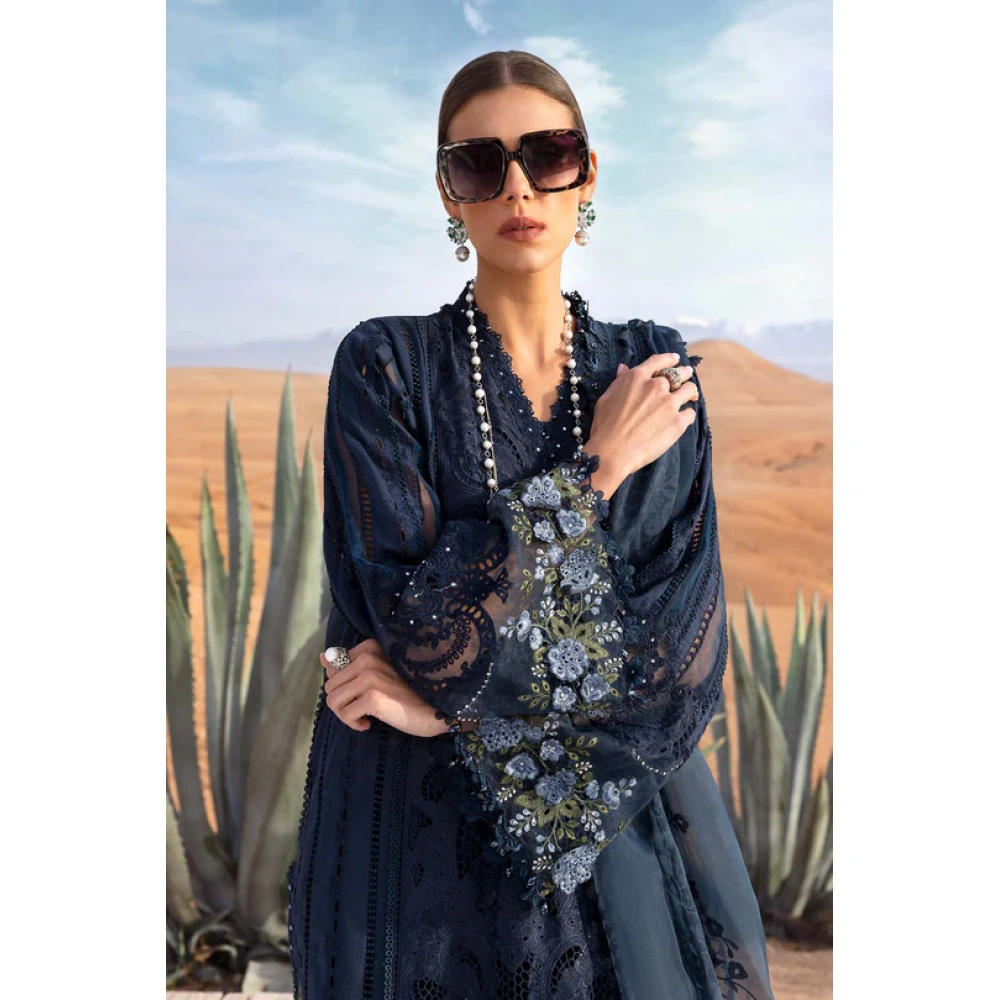 Maria b, luxury chiffon, 2025 collection , 3 PIECE SUIT , unstitched, lawn , navy blue , d-2504-b, FRONT, sleeves